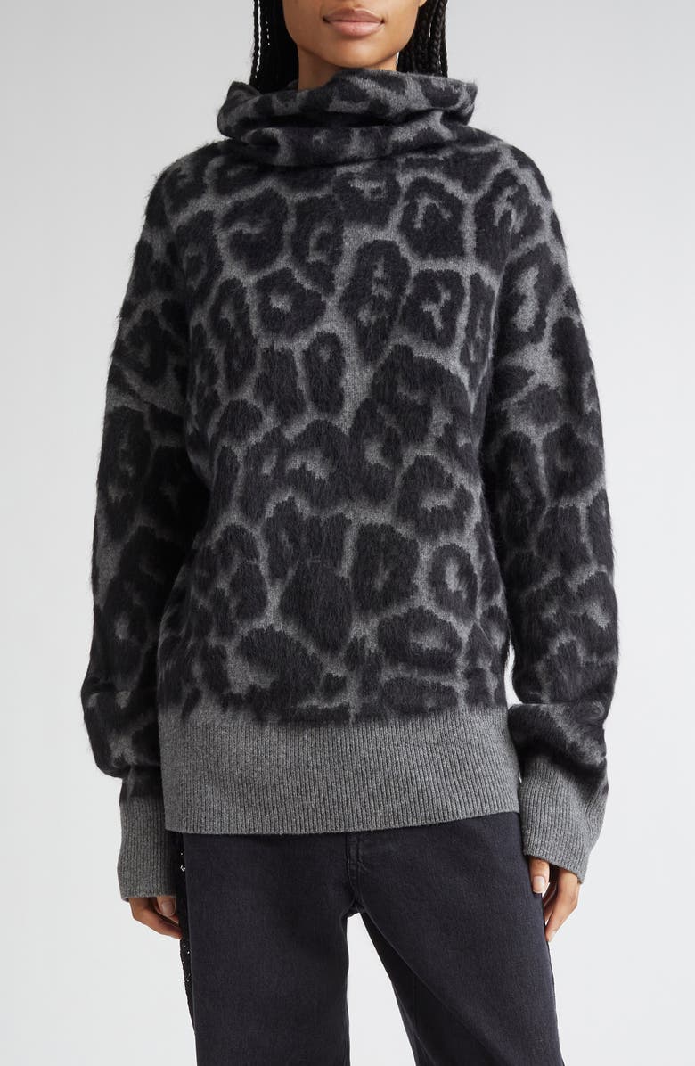 Stella McCartney Leopard Jacquard Virgin Wool Funnel Neck Sweater, Main, color, 1010 - Black/ Grey