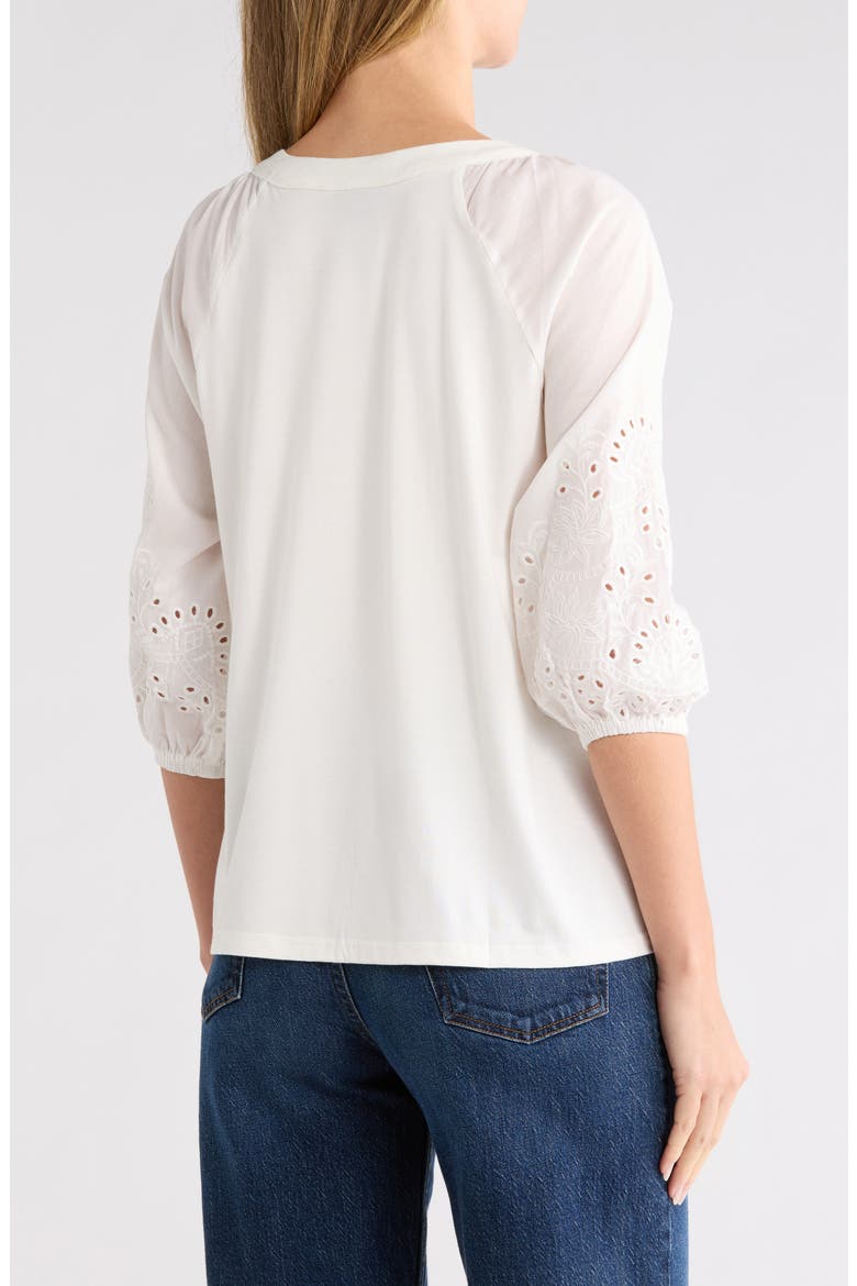 Eyelet Sleeve Button Front Top, Alternate, color, WHITE
