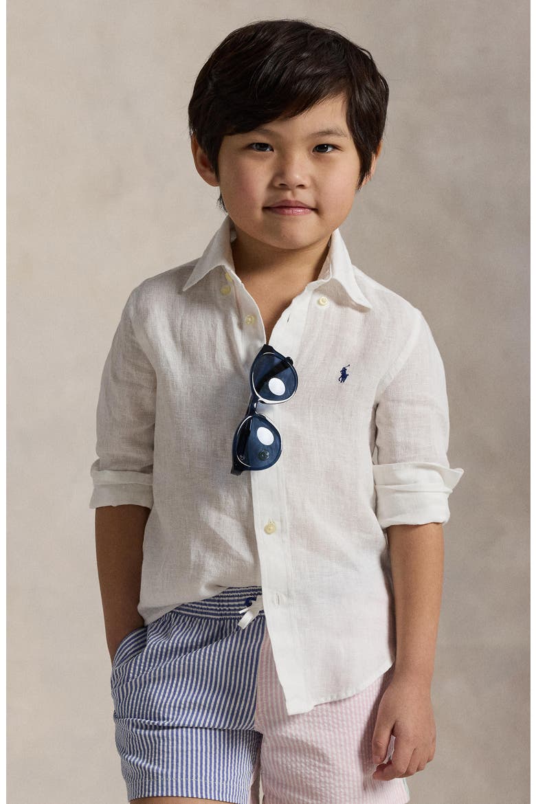 Kids' Solid Linen Button-Down Oxford Shirt, Alternate, color, WHITE