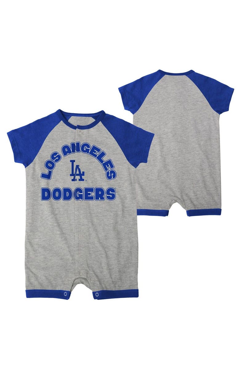 Outerstuff Newborn & Infant Heather Gray Los Angeles Dodgers Extra Base Hit Raglan Full-Snap Romper, Main, color, 
