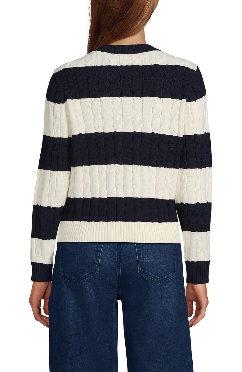 Lands' End Cotton Cable Drifter Crewneck Sweater, Alternate, color, Navy/Ivory Rugby Stripe