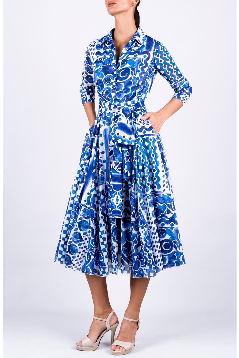 Watercolor Tile A-Line Belted Shirtdress, Alternate, color, White Blue