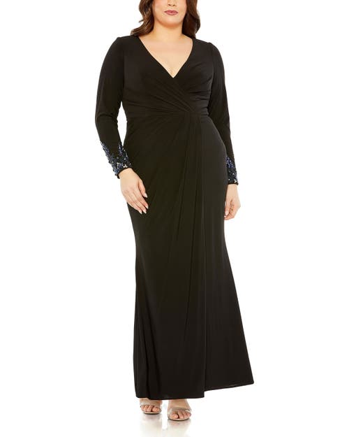 Shop Mac Duggal Long Crystal Detail Sleeve V Neck Gown In Black