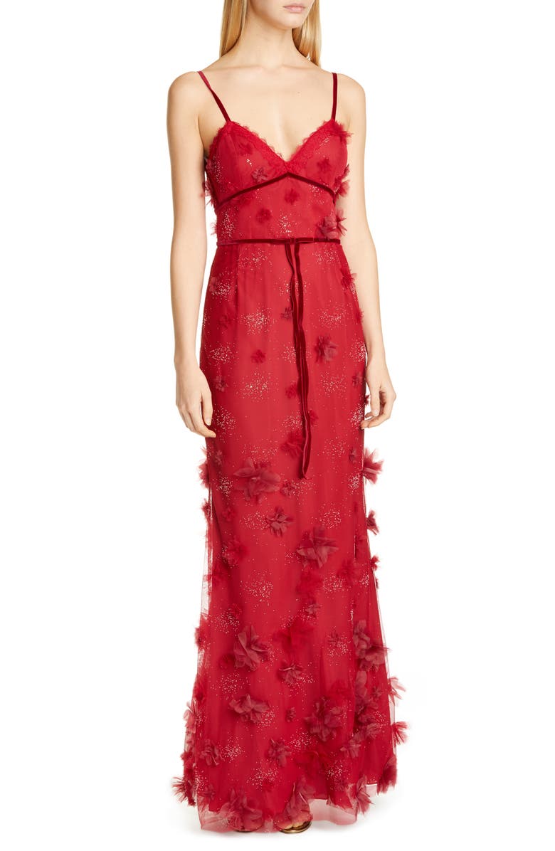 Marchesa Notte Floral Appliqué Trumpet Gown, Main, color, 
