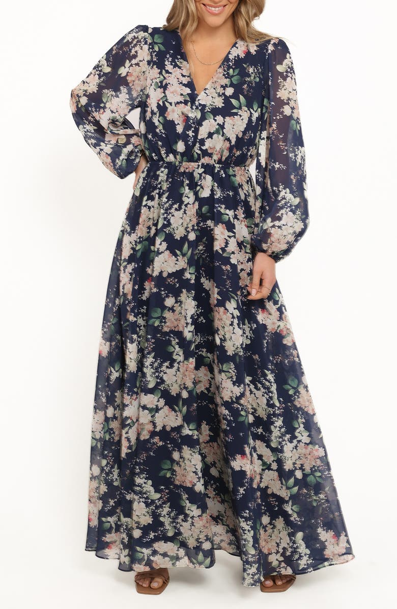 Petal & Pup Anisa Long Sleeve Floral Maxi Dress, Main, color, Navy Floral