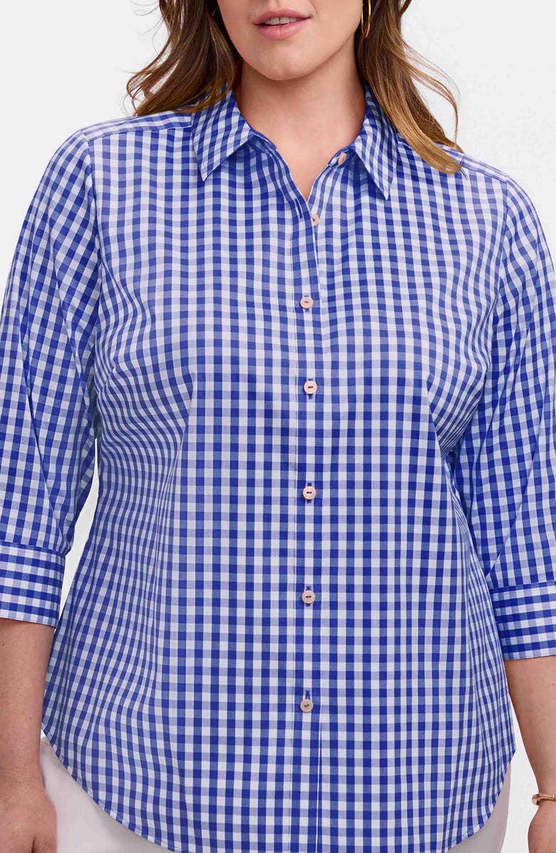 Foxcroft Margie Gingham Three-Quarter Sleeve Button-Up Shirt, Main, color, Deep Sea Blue/ White