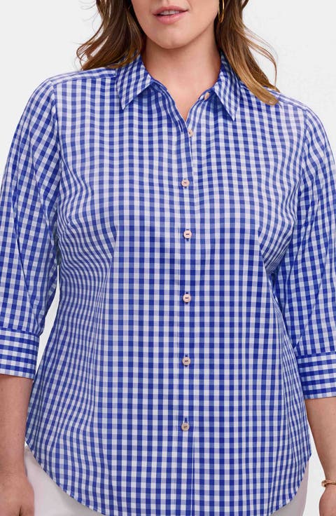 Margie Gingham Three-Quarter Sleeve Button-Up Shirt (Plus)