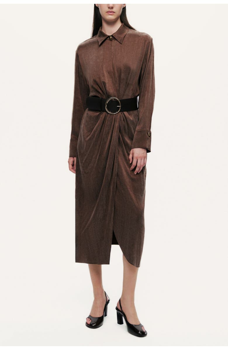 Nocturne Belted Draped Shirt-Collar Maxi Dress, Main, color, Brown