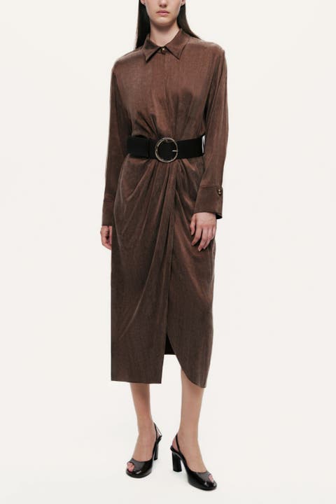 Belted Draped Shirt-Collar Maxi Dress