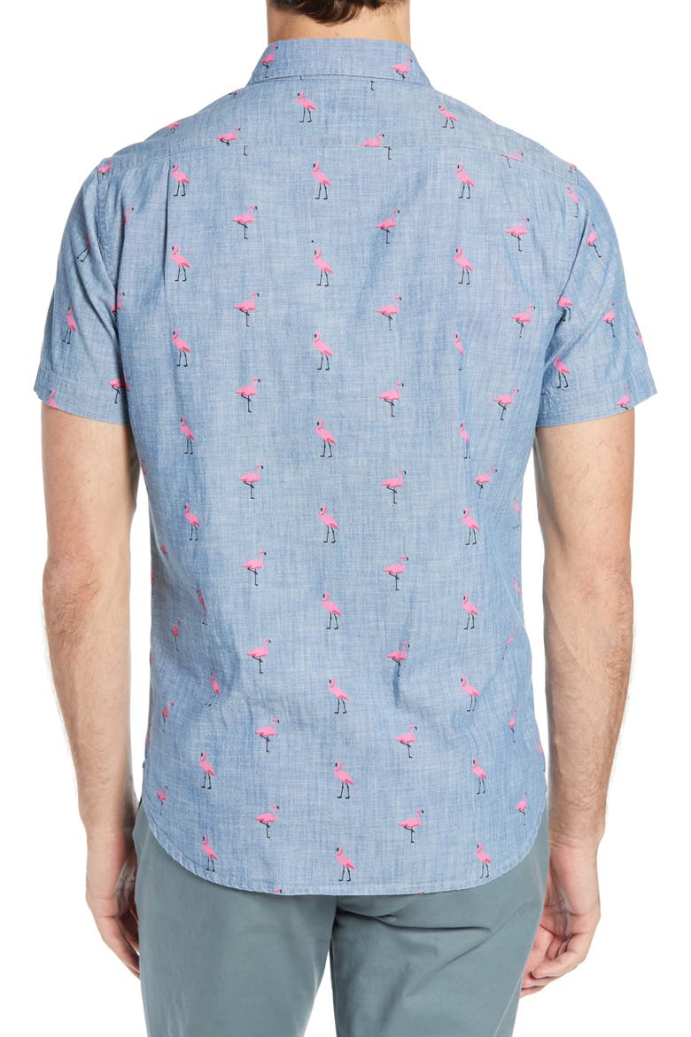 Riviera Slim Fit Flamingo Print Sport Shirt, Alternate, color, CHAMBRAY FLAMINGO - PINK
