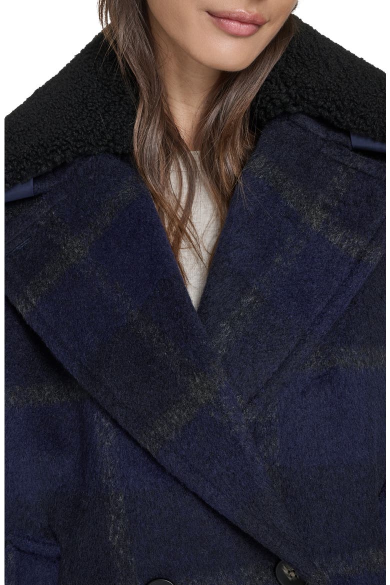 Plaid Short Peacoat with Removable Faux Shearling Collar, Alternate, color, NAVY PLAID
