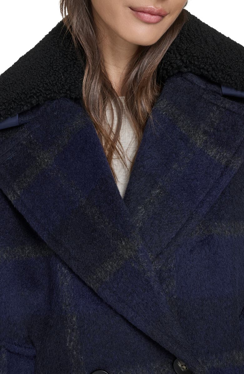 Levi
s Plaid Short Peacoat with Removable Faux Shearling Collar, Alternate, color, Navy Plaid