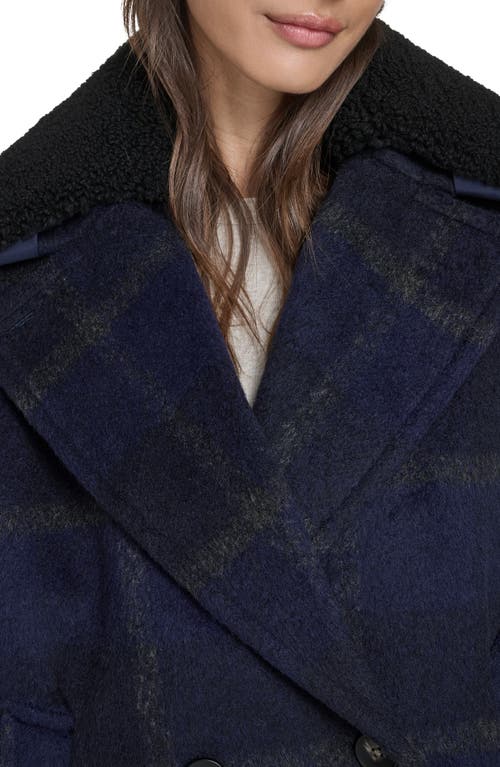 Levi's Plaid Short Peacoat With Removable Faux Shearling Collar In Blue