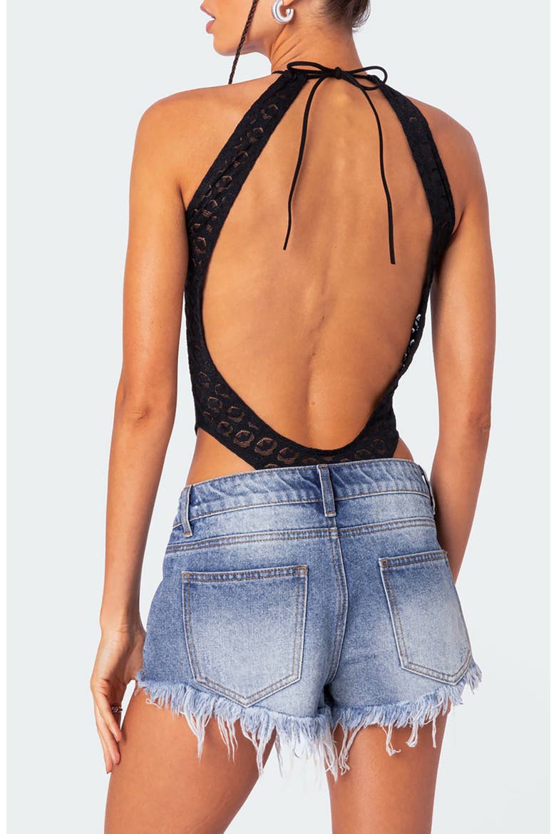 Lace Halter Open Back Sheer Bodysuit, Alternate, color, BLACK