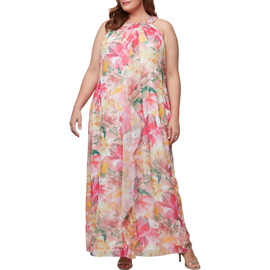 Sl Fashions Plus Size Beaded Halter Ruffled Chiffon Gown In Pink Multi