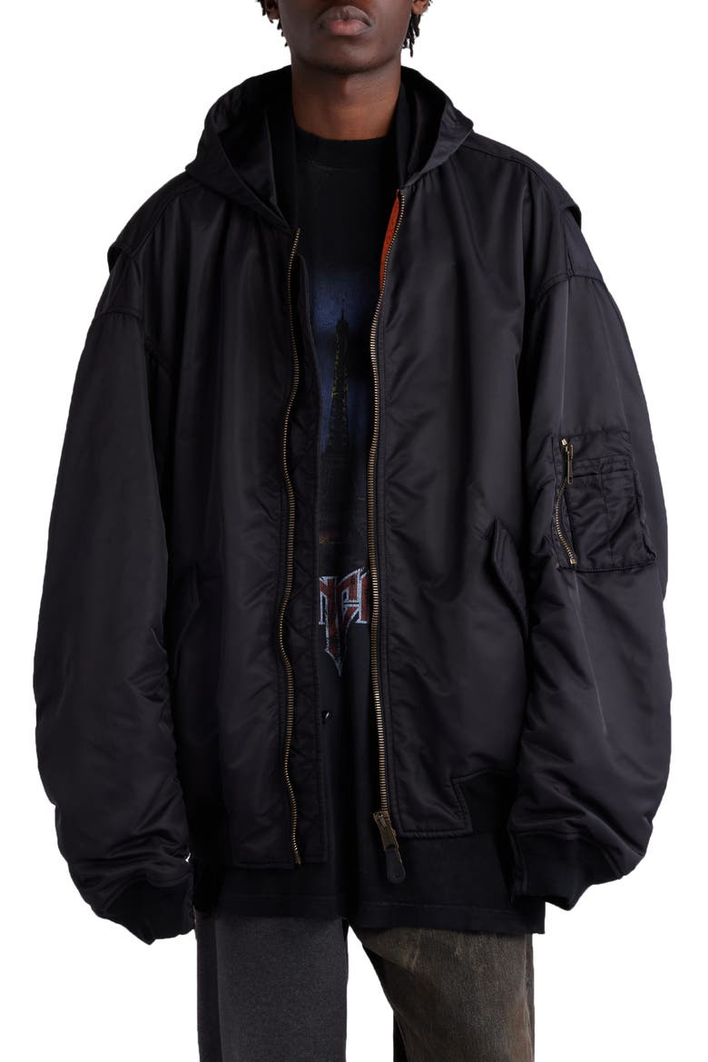 Tape Logo Oversize Hooded Bomber Jacket, Main, color, BLACK