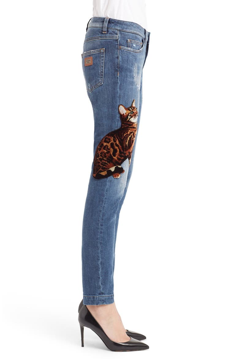 Cat Embellished Skinny Jeans, Alternate, color, DENIM BLUE