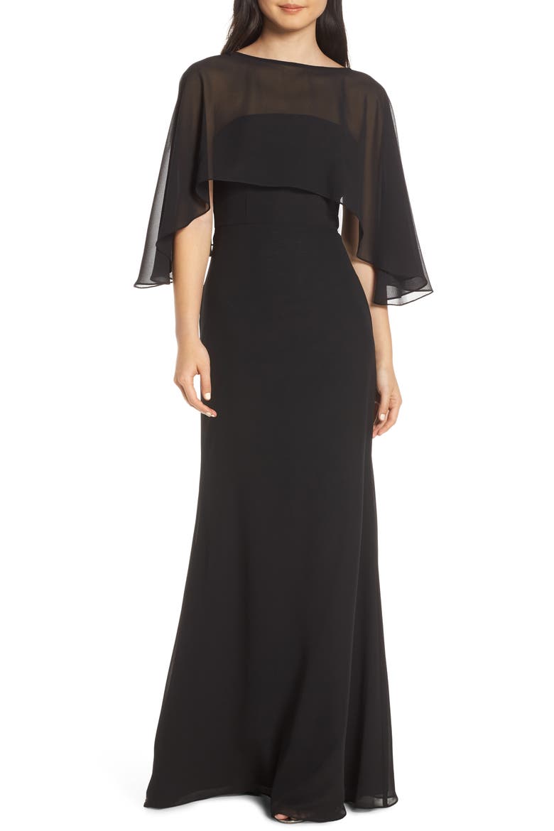 Strapless Chiffon Evening Dress with Cape, Main, color, BLACK