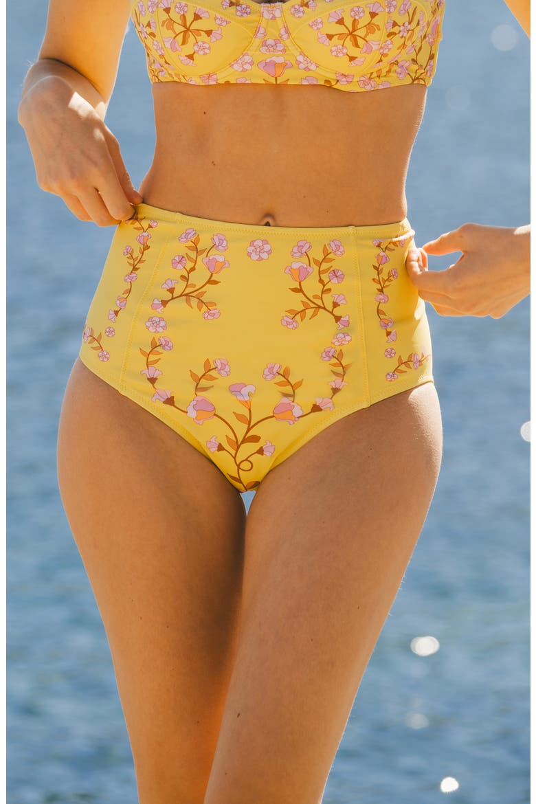 Yellow Bloom High Waisted Bikini Bottom, Alternate, color, Yellow