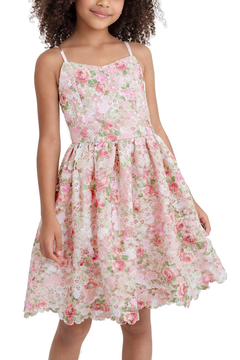 Kids' Printed Lace Scallop Hem Party Dress, Alternate, color, PINK MULTI