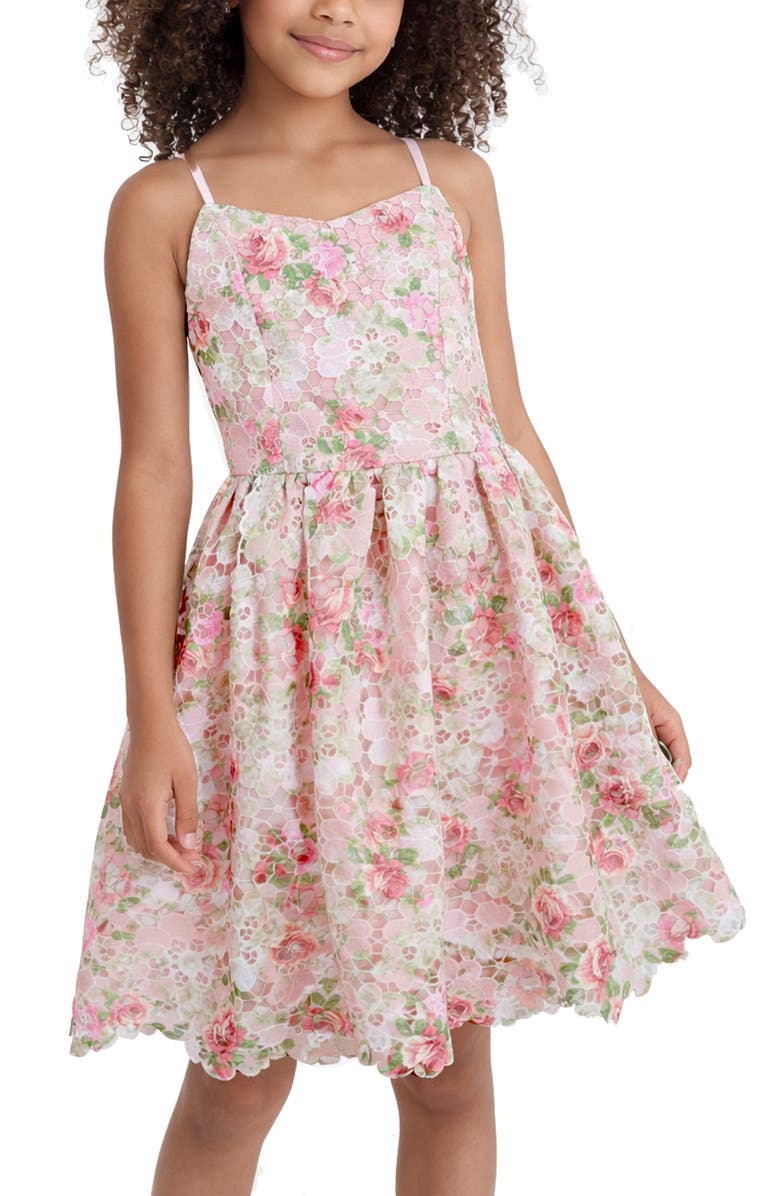 Zunie Kids' Printed Lace Scallop Hem Party Dress, Alternate, color, Pink Multi