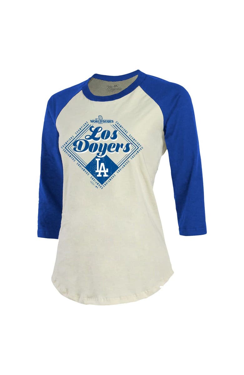 Majestic Threads Women's Majestic Threads Cream/Royal Los Angeles Dodgers 2024 World Series Champions Softhand 3/4-Sleeve Raglan T-Shirt, Alternate, color, 