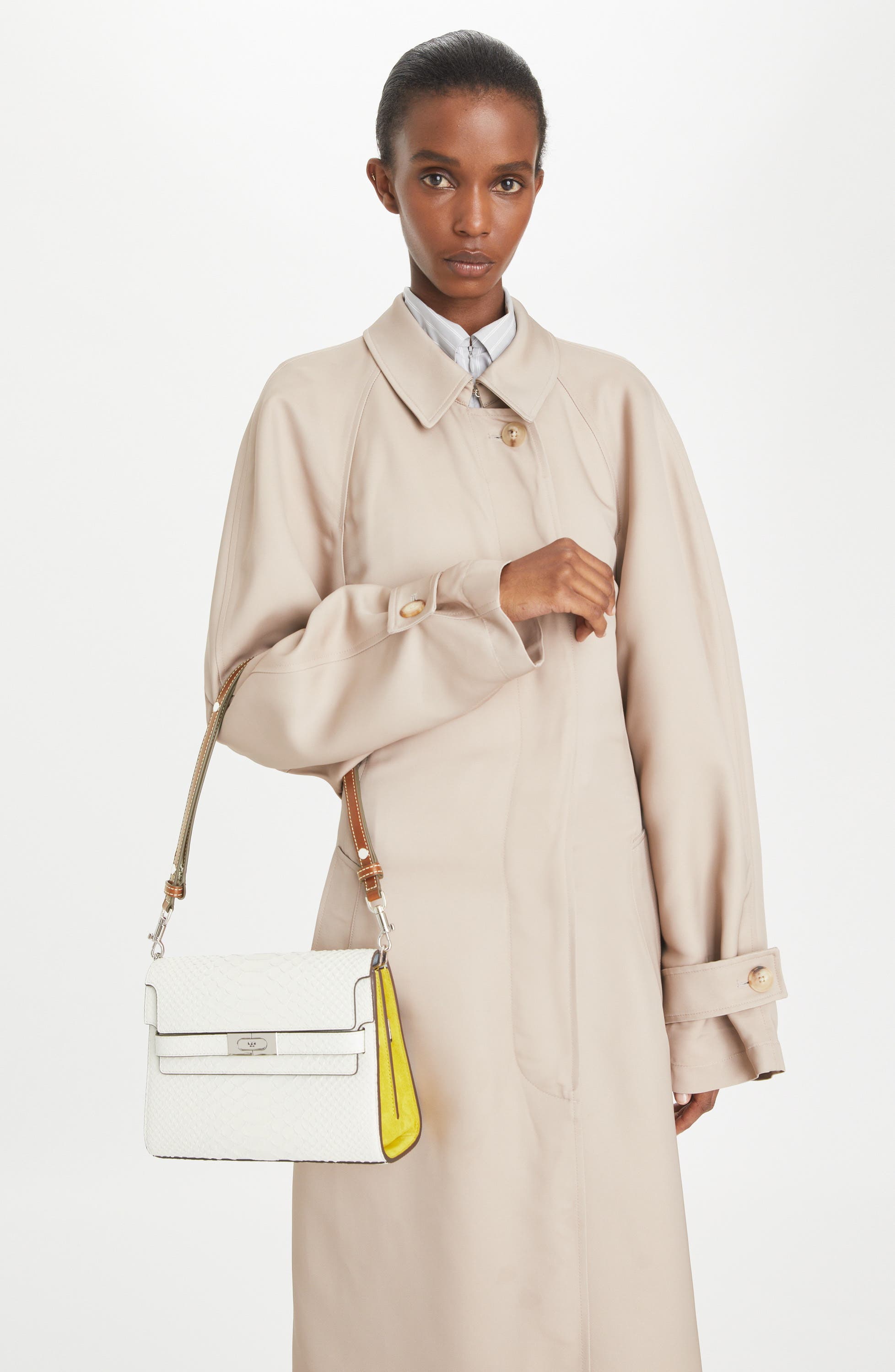 Tory Burch Lee Radziwill Snake Embossed Leather Shoulder Bag, Alternate, color, Blanc