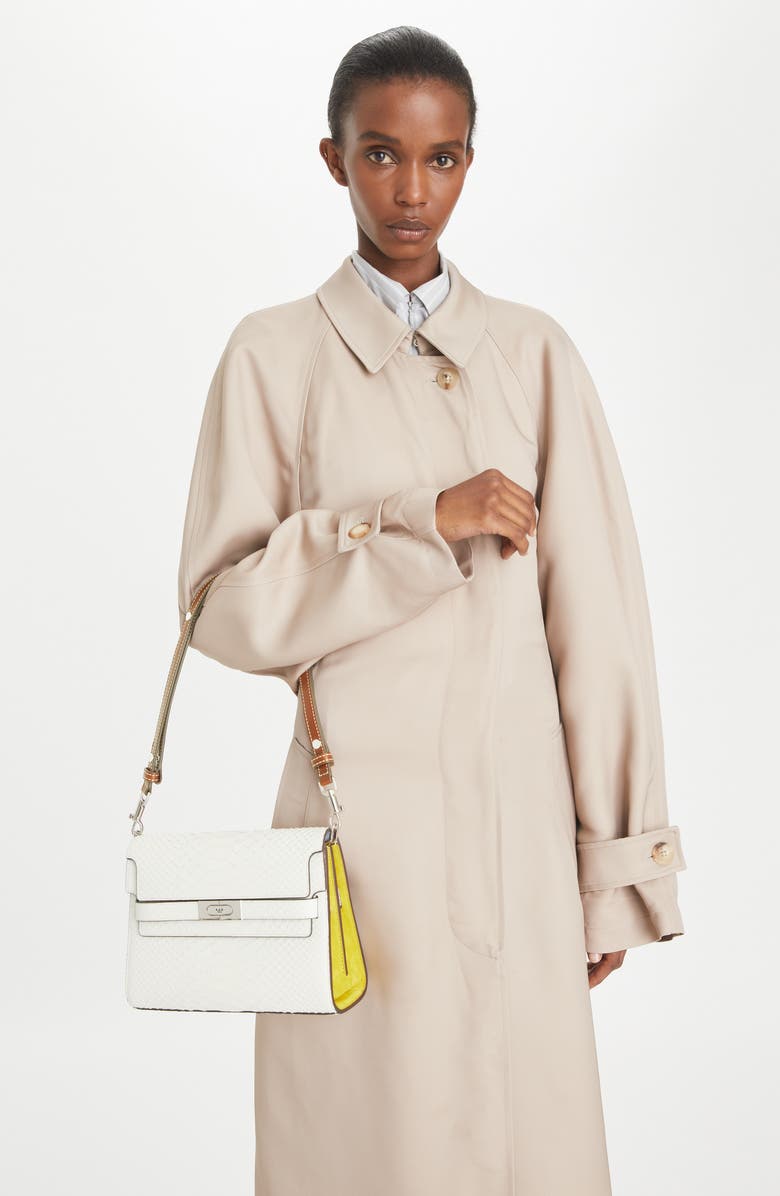 Tory Burch Lee Radziwill Snake Embossed Leather Shoulder Bag, Alternate, color, Blanc