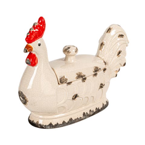 Decorative Stoneware Rooster Container With Lid And Distressed Finish, Multicolor
