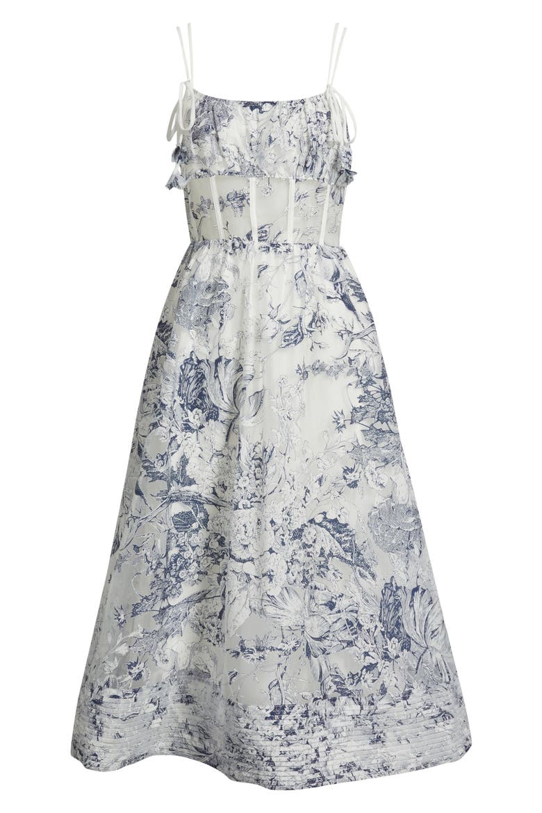 Cyrus Floral Sheer Waist Midi Dress, Alternate, color, WHITE NAVY