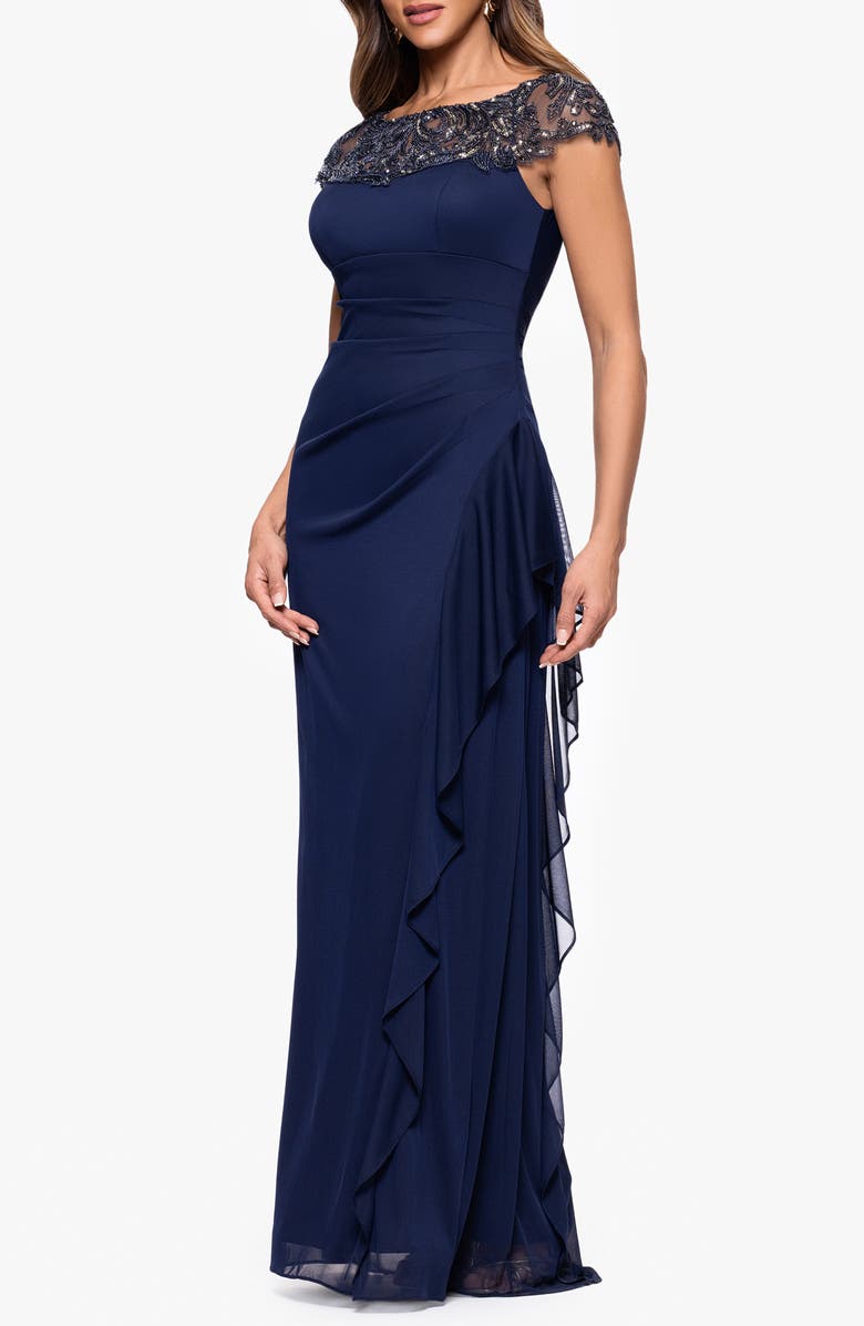 Xscape Evenings Embellished Illusion Yoke Column Gown, Alternate, color, Navy