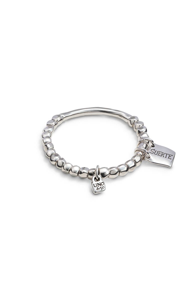 Bead Bracelet with Tubular Piece and Silver-Plated Plate with Message, Alternate, color, Silver