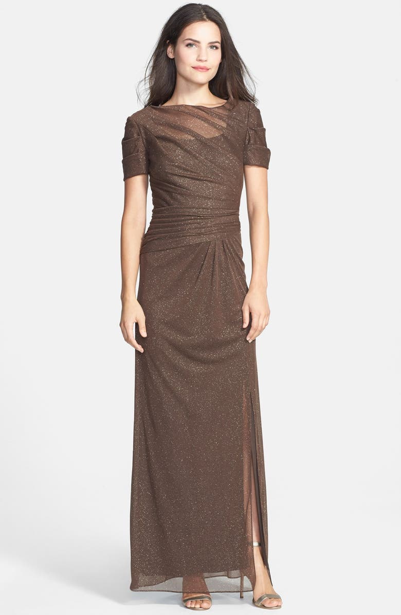 Alex Evenings Ruched Glitter Mesh Gown, Main, color,