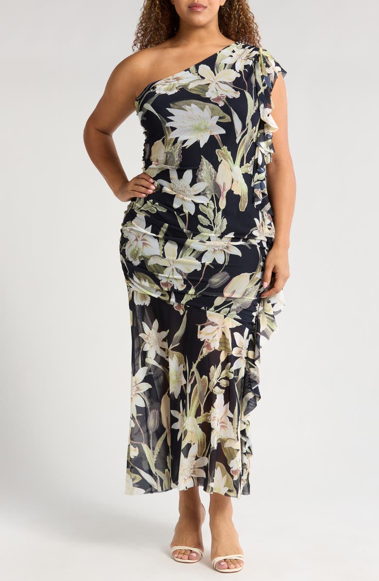 Chelsea28 Drape Ruffle One-Shoulder Maxi Dress, Main, color, Navy- Green Island Floral