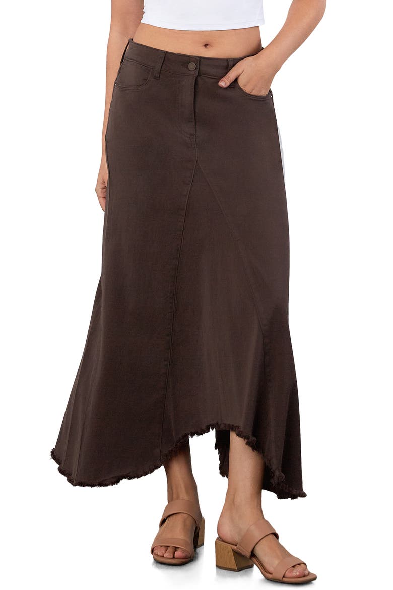 Selma Pieced Asymmetric Denim Maxi Skirt, Main, color, CHOCOLATE BROWN