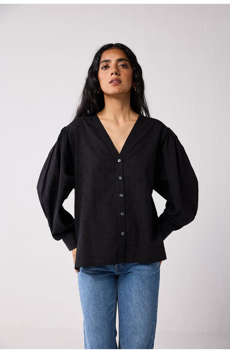 Reistor Embroidered Shirt with Long Balloon Sleeves, Main, color, Black
