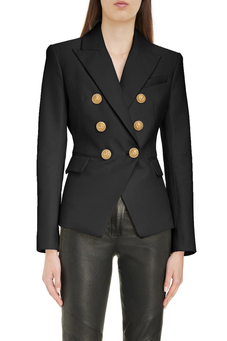 Fitted Double Breasted Leather Blazer, Main, color, 0PA BLACK