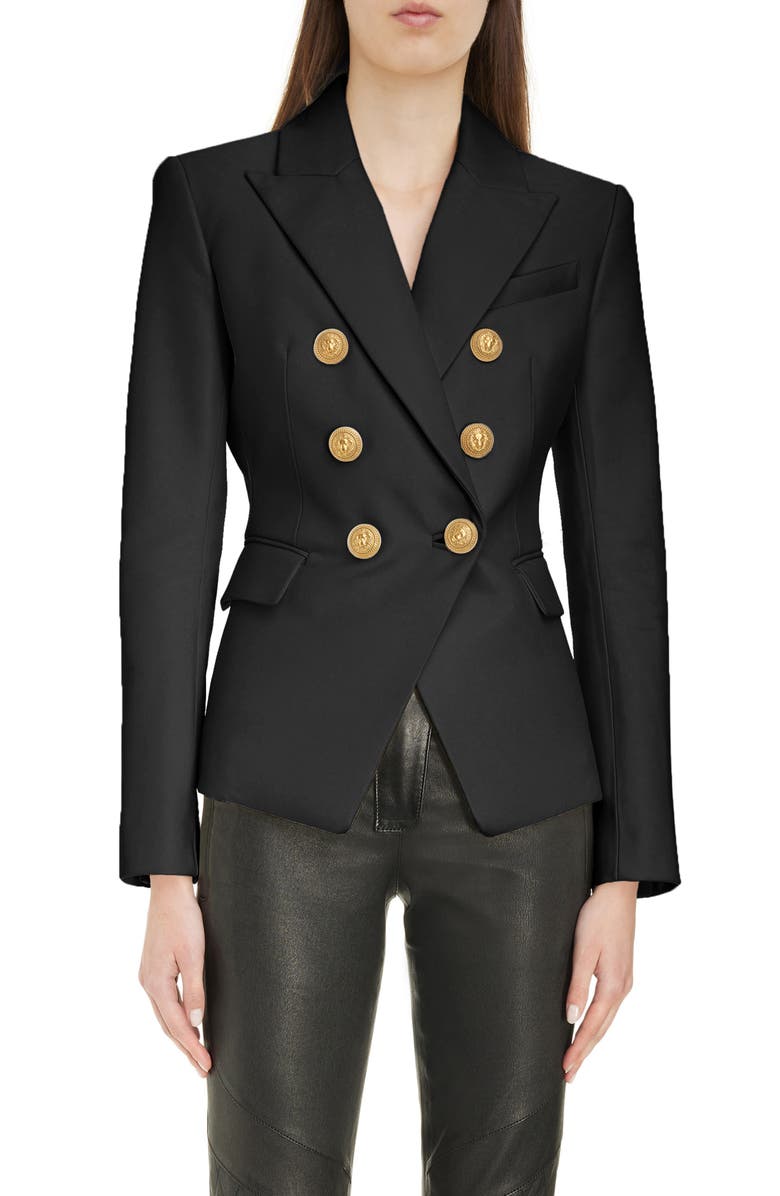 Balmain Fitted Double Breasted Leather Blazer, Main, color, 