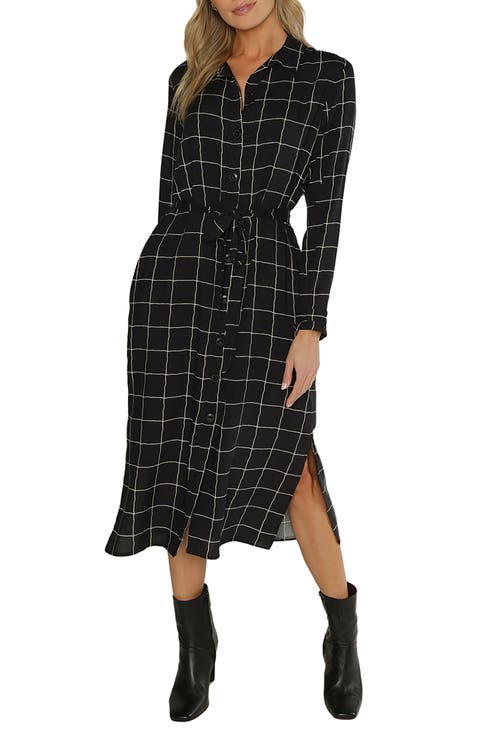 Metro Windowpane Long Sleeve Midi Shirtdress