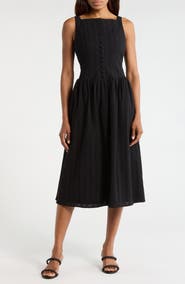 WAYF Embroidered Eyelet Button Front Cotton Midi Dress