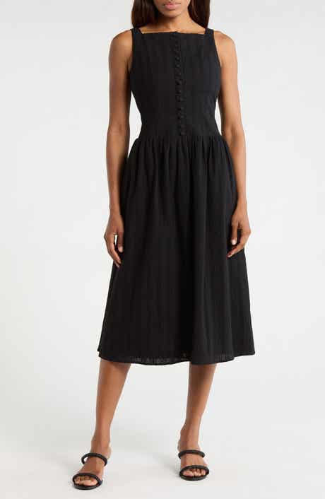 WAYF Embroidered Eyelet Button Front Cotton Midi Dress