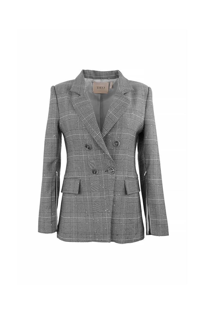 THEO The Label Eudora Split Sleeve Sequined Prince Of Wales Jacket, Main, color, Black