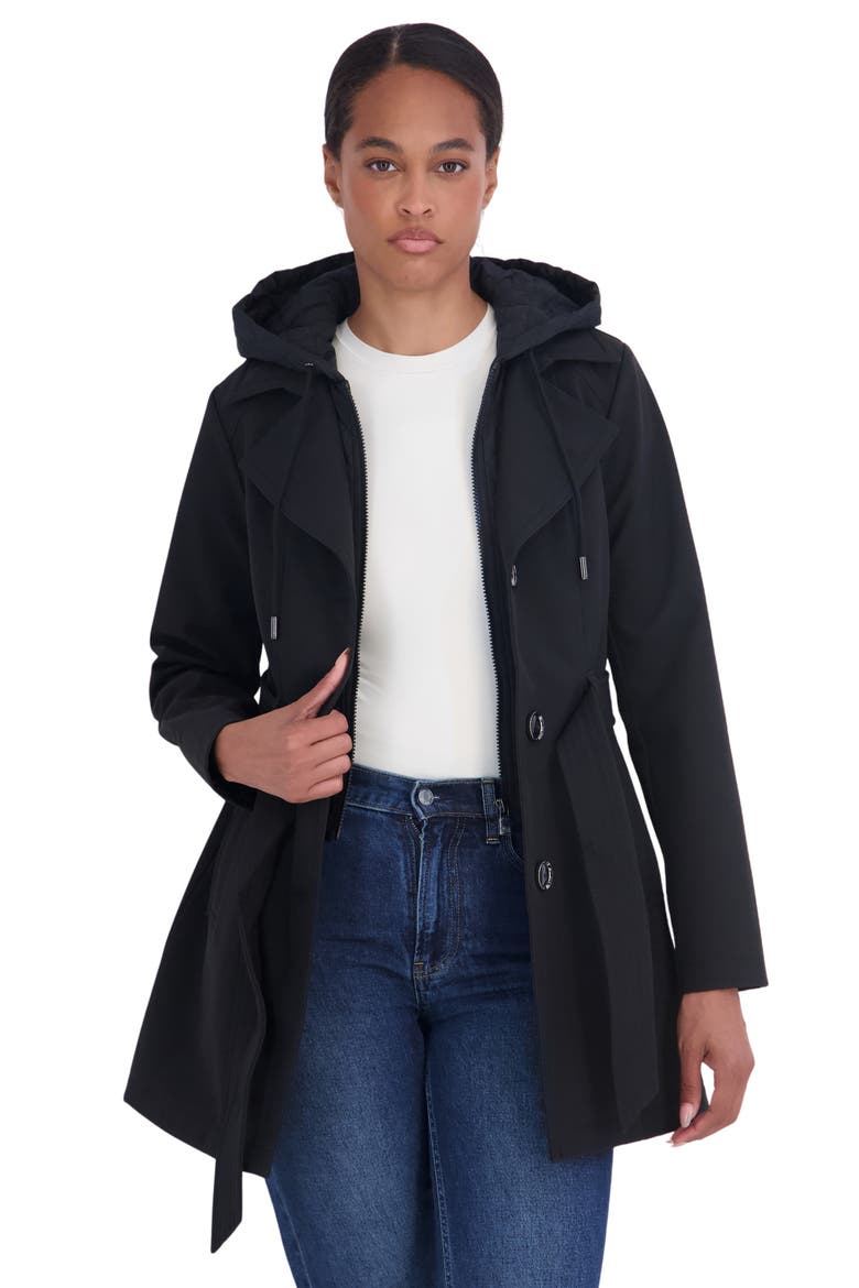 Softshell Trench Coat with Hooded Bib, Alternate, color, BLACK
