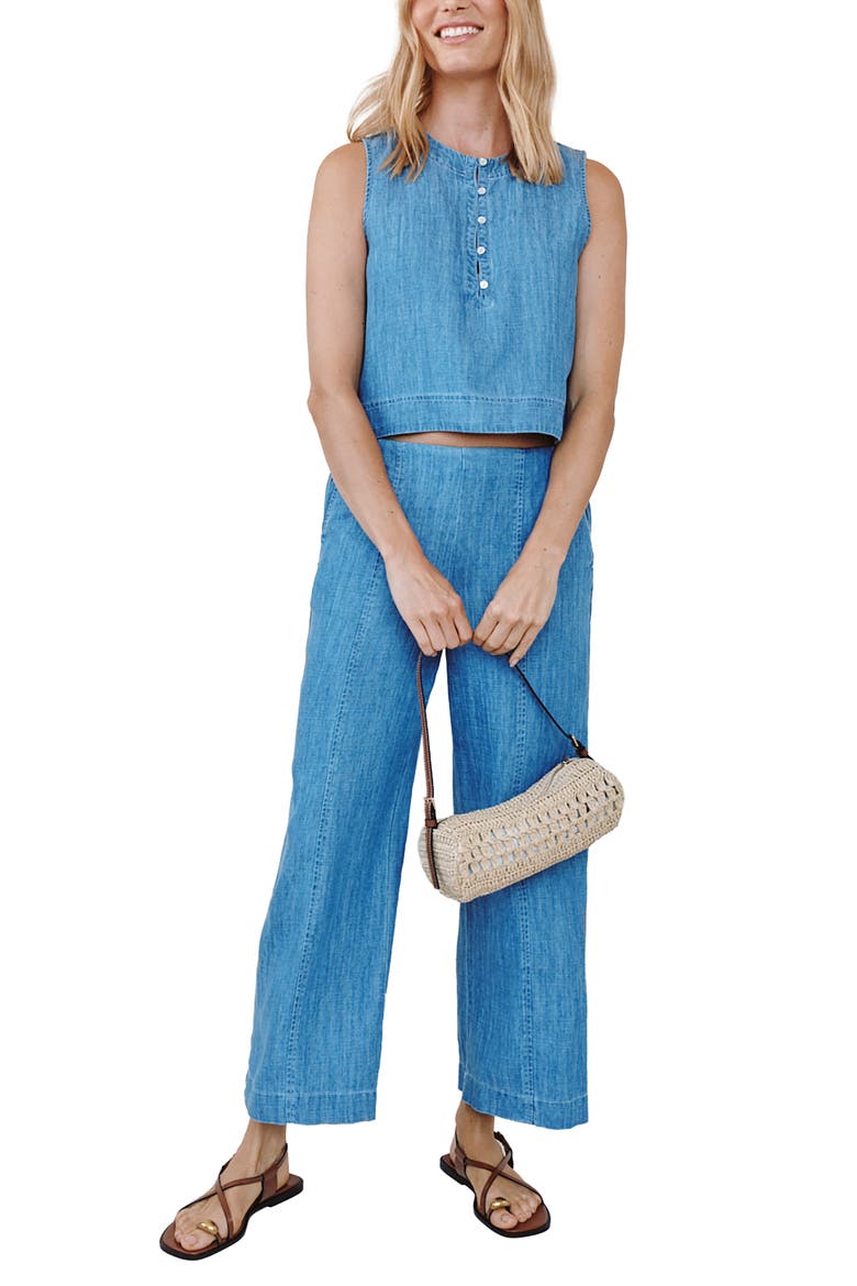 Sleeveless Half Placket Crop Denim Pullover, Alternate, color, ISLAND BLUE