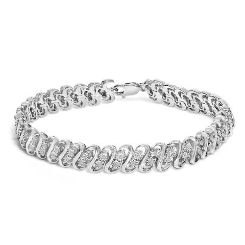Silver 1/4 cttw Round-Cut Diamond Double Row Wrapped S-Link Bracelet