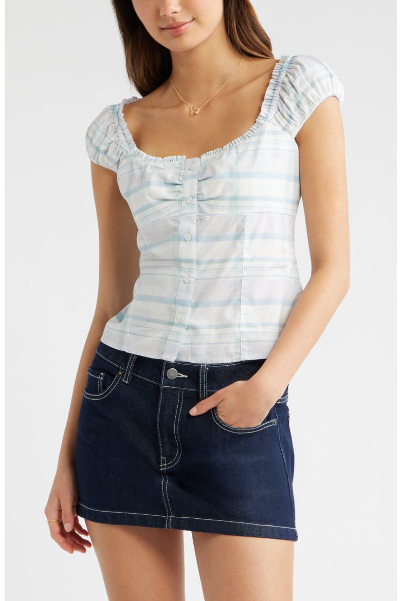 Ruffle Trim Cap Sleeve Cotton Top, Main, color, IVORY- BLUE MAGDA PLAID