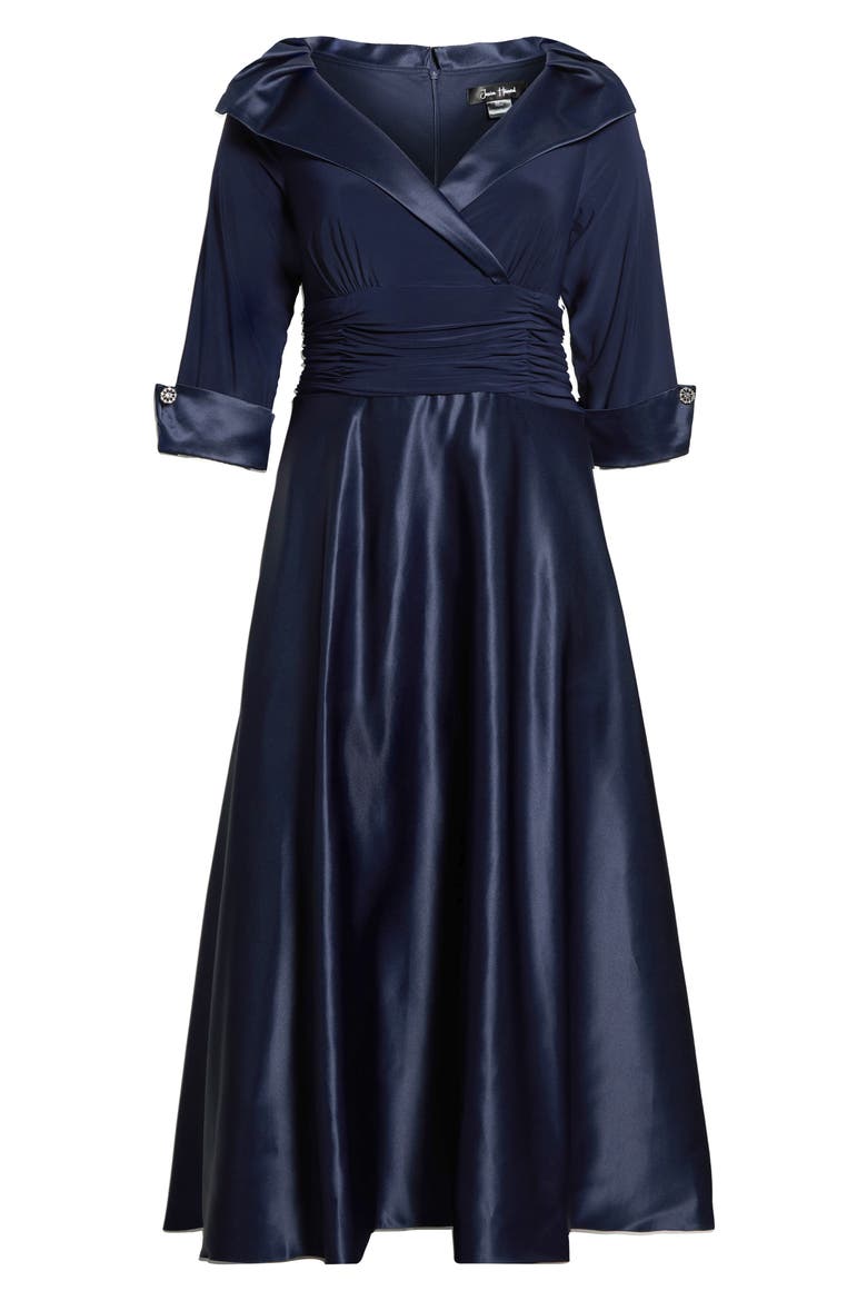 Rhinestone Button Cuff Sleeve Mixed Media Gown, Alternate, color, NAVY