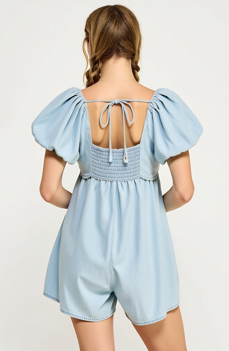 Modenaire Puff Sleeve Romper with Tie Front and Relaxed Flowy Fit, Alternate, color, Light Blue