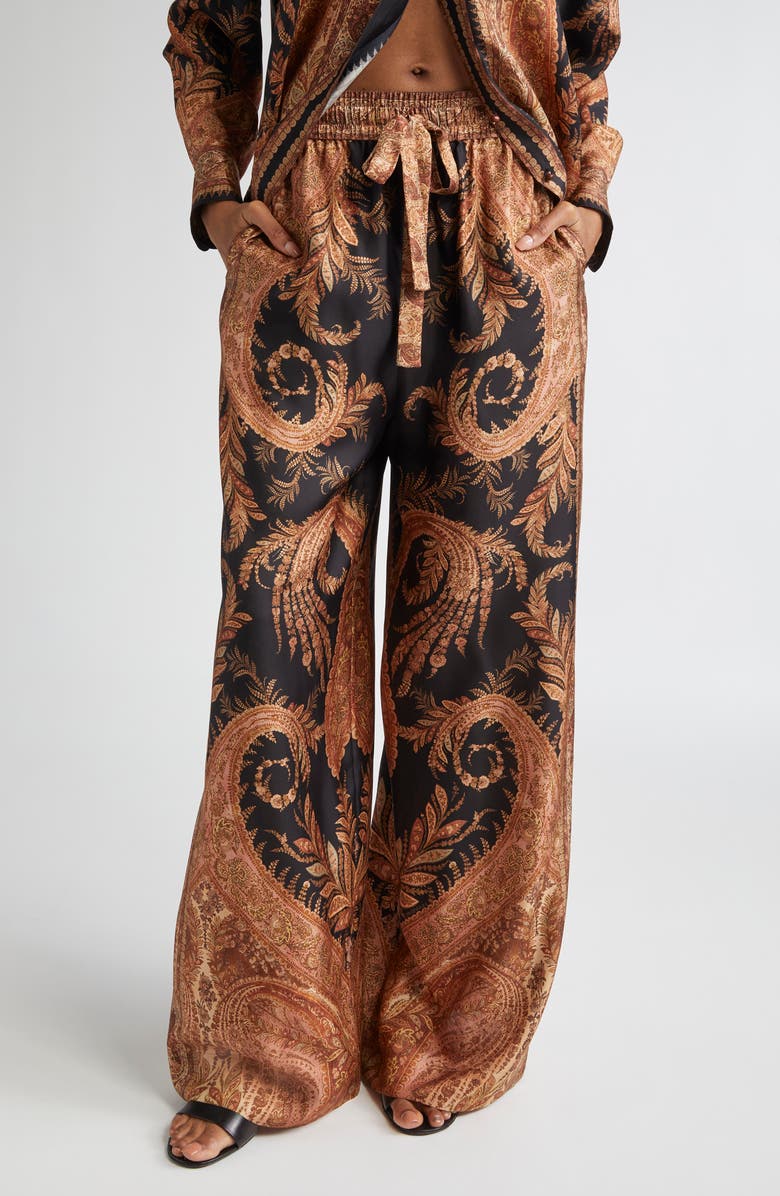 Zimmermann Hypnotic Wide Leg Silk Track Pants, Main, color, Black Paisley