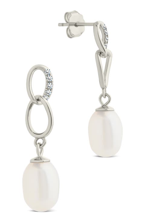Cubic Zirconia & 5-5.5mm Freshwater Pearl Link Drop Earrings